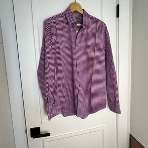 EXPRESS Fitted Mens Medium Purple Red White Checkered Button Long Sleeve‎ Shirt